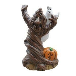Vintage Halloween Ceramic Spooky Tree w/Ghost & Pumpkin 4.5" Hand Painted